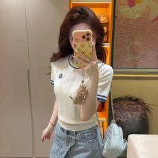 批发韩系设计感拼色刺绣短袖针织衫女夏季新款修身独特漂亮超好看上衣