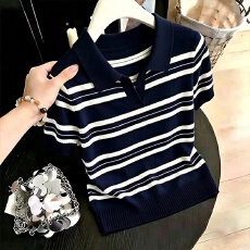 批发藏青白条纹 Polo 领针织短袖女夏季新款显瘦百搭上衣