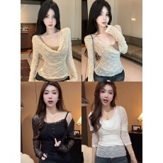 批发性感甜辣妹垂折领蕾丝防晒罩衫薄上衣设计感小众修身长袖