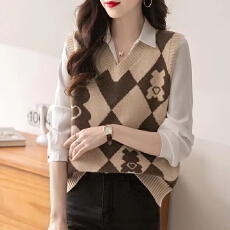 批发复古菱格卡通减龄针织背心马甲女外搭<b class='q'>春</b>爆款秋冬毛衣坎肩上衣马夹