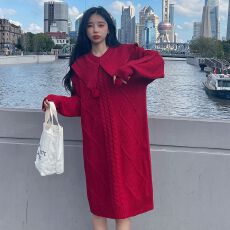 批发韩版娃娃领<b class='q'>甜美</b>软糯毛衣针织衫中长款女宽松慵懒风休闲上衣
