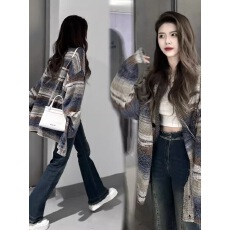 批发韩版撞色条纹开衫毛衣外套女秋冬<b class='q'>薄款</b>设计感小众宽松慵懒针织上衣