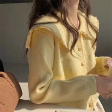 批发温柔风奶fufu甜美软糯翻领娃娃领重工拼接<b class='q'>蕾丝</b>针织开衫毛衣外套女