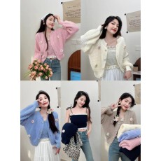 批发温柔小香风毛衣外套女新款<b class='q'>春秋</b>奶系吊带背心针织开衫粘花两件套