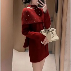 批发法式韩系红色针织套装新款秋<b class='q'>冬</b>小众淡人设计高知上衣半身裙两件套