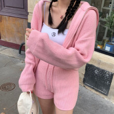 批发韩国chic秋<b class='q'>冬</b>连帽长袖开衫加厚毛衣外套女+直筒抽绳短裤套装