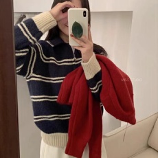 批发学院风条纹polo领半拉链毛衣女秋<b class='q'>冬</b>宽松显瘦慵懒针织衫上衣