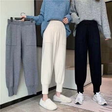 批发白色针织加厚九分裤女秋冬季宽松休闲直筒高级感松紧腰<b class='q'>小脚</b>萝卜裤