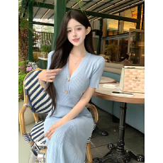 批发2026春夏新款短袖v领包臀裙过膝针织连衣裙<b class='q'>中长裙</b>高级感显瘦鱼尾