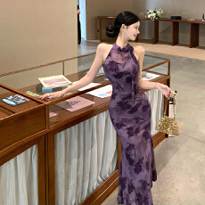 批发2026春夏夏新款新中式改良旗袍连衣裙植绒花弹力网纱包臀鱼尾长裙