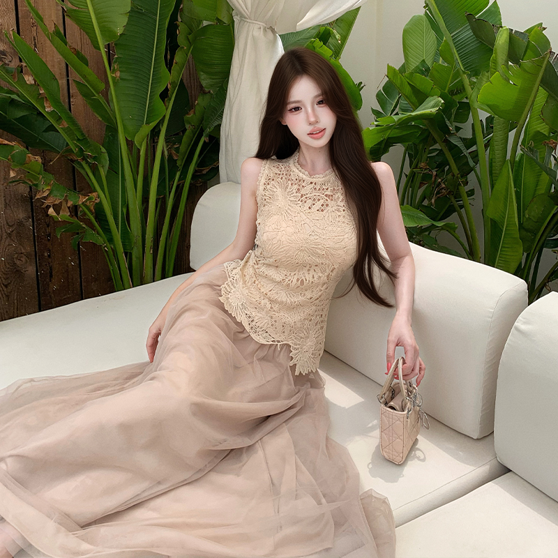 프랑스식 품격 부드러운 풍수 용해 레이스 민소매 맨위 도루 센스 망사 반신 스커트 패션 투피스 세트 아모이