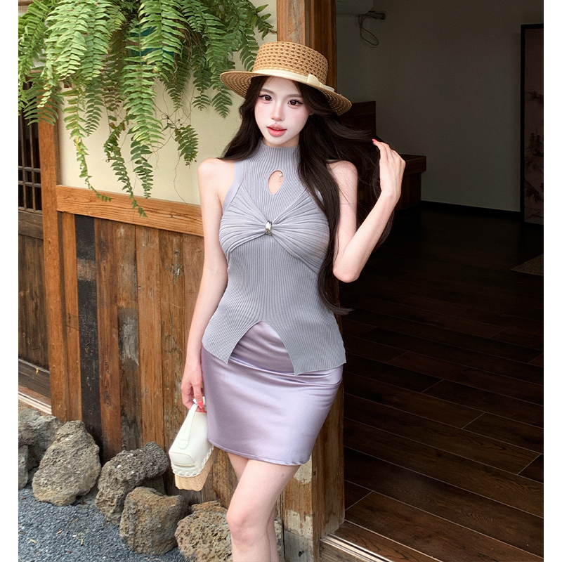 순수한 욕망 핫걸 여성 비틀림 주름 트임 니트 티셔츠 디자인 센스 터틀넥 민소매 맨위 노래 구슬 조끼 아모이