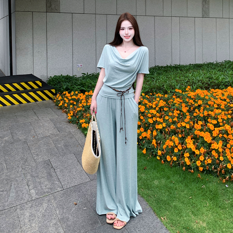 한 부서 느긋한 바람 작은 여름 디자인 센스 슬림해 보이는 흔들다 칼라 맨위 디스플레이 높음 와이드 레그 팬츠 캐주얼 다용도 3종 세트