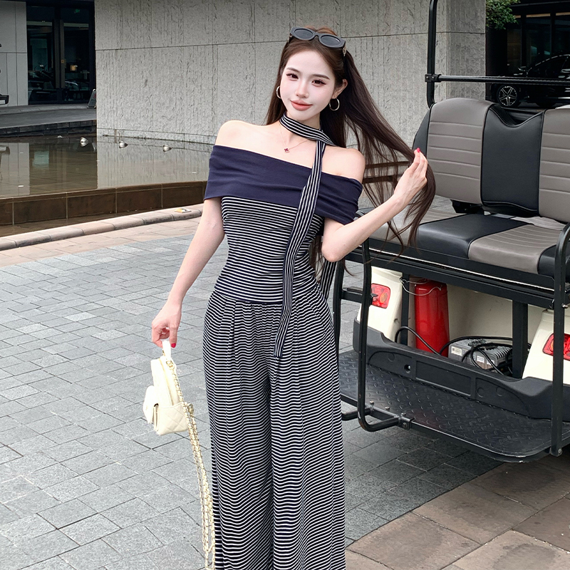 배색 스트라이프 패치워크 오프숄더 다양한 착용 법 티셔츠 맨위 넓은 다리 길이 바지 작은 대중 디자인 센스 세트 투피스 세트