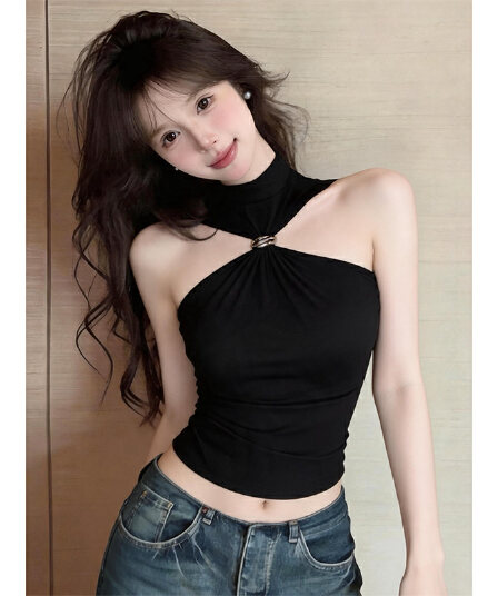 아메리칸 핫걸 튜브탑 민소매 조끼 슬립 여성 검정색 행침 목 맨위 몸매 가꾸기 슬림해 보이는 작은 키 작은 대중 디자인
