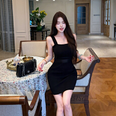 批发黑色巨显瘦性感百搭透视气质针织吊带背心<b class='q'>连衣裙</b>女纯欲风包臀短裙
