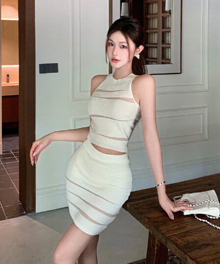 순수한 욕망 바람 실 빈 수리 행침 목 터틀넥 조끼 여성 하이웨이스트 몸매 가꾸기 타이트 스커트 미니 스커트 섹시함 품격 투피스 세트 여름