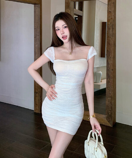 순수한 욕망 바람 화이트 레이스 작은 날다 소매 쇼트 스타일 타이트 스커트 여성 드레스 여름 핫걸 섹시함 몸매 가꾸기 품격 타이트 치마