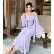 批发蕾丝重工海边度假风<b class='q'>名媛</b>吊带连衣裙女防晒开衫外套时尚两件套纯欲