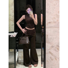 批发2026早秋新款美式辣妹<b class='q'>套装</b>女显瘦波点无袖上衣+拼接阔腿裤两件套