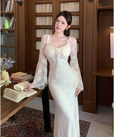 2026 가을 새로운 프랑스식 섹시함 레이스 나팔 소매 슬림해 보이는 긴팔 여성 드레스 품격 슈퍼 요정 인어 꼬리 스커트