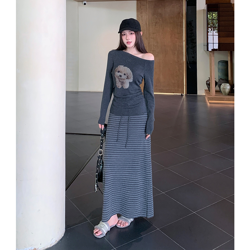 BY32400# 秋冬新款高级时尚修身百搭斜肩针织衫条纹半身长裙时尚两件套 服裝批發女裝批發服飾貨源