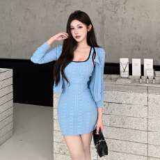 批发美人曲线 纯欲风针织套装<b class='q'>修身</b>包臀吊带<b class='q'>裙</b>+开衫气质两件套小个子