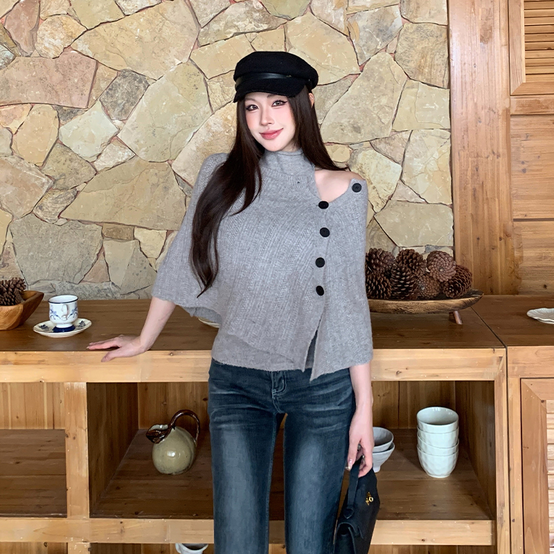BY35531# 复古不规则侧扣露肩针织外套女秋冬新款羊毛内搭高领无袖背心套装 服裝批發女裝批發服飾貨源
