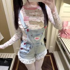 批发可爱系穿搭牛仔背带<b class='q'>裤</b>女夏季小个子学生修身显瘦百搭休闲连体短<b class='q'>裤</b>