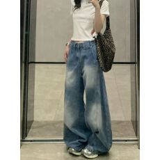 小个子美式复古做旧阔腿弯刀牛仔裤女宽松高腰显瘦直筒裤休闲长裤