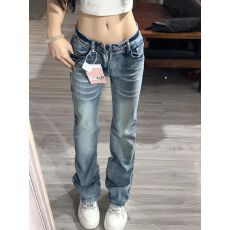 批发2026新款潮酷设计感低腰窄版直筒<b class='q'>牛仔裤</b>女春夏显瘦学生百搭微喇裤