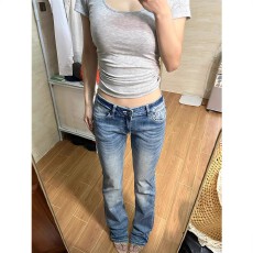 批发美式复古vintage辣妹低腰微喇牛仔裤女春季修身显瘦设计感拖地裤