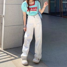 批发2026新美式白色直筒休闲牛仔裤女春秋高腰宽松显瘦阔腿拖地裤潮