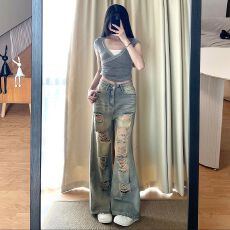 批发2026复古美式破洞牛仔裤夏季新款高腰直筒显瘦宽松直筒牛仔裤子