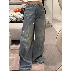 批发好质量2026新款爆闪巴黎满钻设计感小众亮钻重工宽松阔腿牛仔裤女