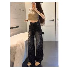 批发<b class='q'>黑色</b>烫钻阔腿<b class='q'>牛仔裤</b><b class='q'>女</b>高腰2026年夏季新款宽松洋气直筒拖地长裤子