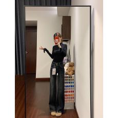 批发小个子蓝灰色<b class='q'>微喇</b><b class='q'>牛仔裤</b>女新款双纽扣弹力高腰显瘦拖地喇叭裤