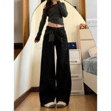 批发2026复古口袋铆钉高腰慵懒风牛仔裤女新款阔腿宽松显瘦拖地<b class='q'>长裤</b>