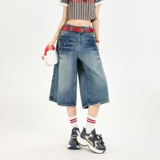 批发复古宽松<b class='q'>镶钻</b>竹节纹牛仔七分裤女2026夏季高街百搭阔腿中裤子