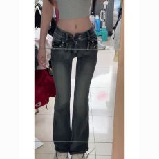 批发美式复古低腰微喇<b class='q'>牛仔裤</b>女2026春秋季双扣绣花<b class='q'>钉珠</b>修身显瘦喇叭裤