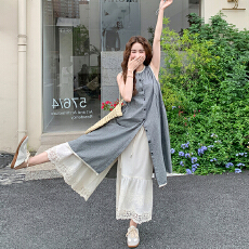 批发氛围感背心连衣裙套装女夏季巨好看大方得体蕾丝花边阔腿裤两件套