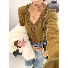 批发法式轻熟风性感蕾丝网纱拼接半高领木耳边T恤女修身显瘦短款上衣