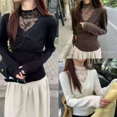 批发设计感小众蕾丝拼接长袖T恤女2025<b class='q'>秋</b>冬新款爆款法式小个子打底衫