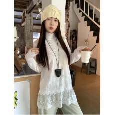 批发小香风钩花蕾丝半高领打底衫女春秋屁帘裙摆式拼接叠穿中长款上衣