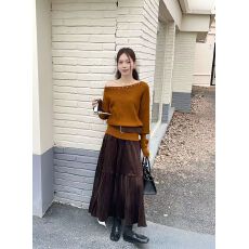 批发一字肩扣子韩系针织衫2025斜肩上衣时尚洋气别致毛衣+半身裙套装