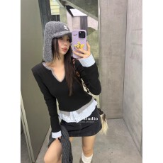 批发韩版2025冬季气质叠穿磨毛拼接衬衫假三件V领打底针织衫上衣女