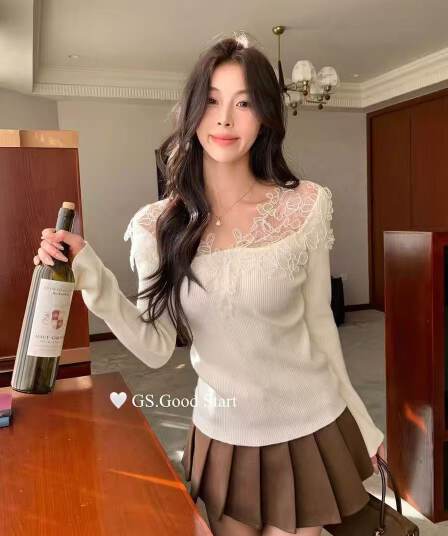 gs.good start 보 주님 착용 가져 가라. 겨울 신제품 레트로 프랑스식 우아함 순수한 욕망 자수 레이스 니트 스웨터