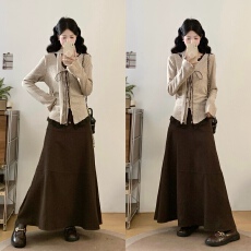 批发纯欲温柔风系带长袖T恤女胖妹妹木耳边小衫v领露锁骨上衣+半身裙