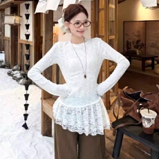 批发白色蕾丝花边内搭长袖T恤2025秋冬新款韩系时尚叠穿打底衫上衣女