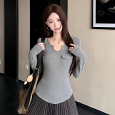 批发红人馆长袖打底衫女2025新款早秋灰色t恤显瘦韩系chic别致小上衣